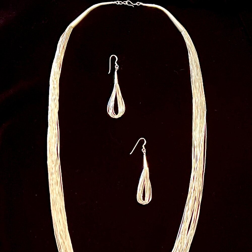 Native American Vintage Sterling 30 Strand Liquid Silver Necklace & Earrings Set